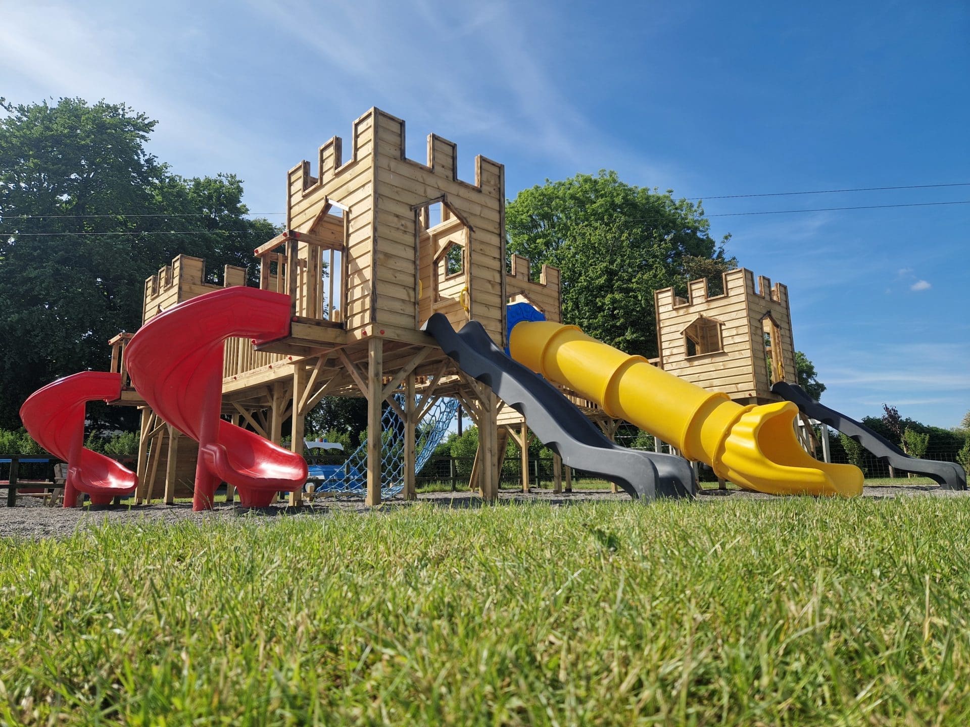 Mellowes Adventure Centre for Kids Wooden Castle with climbing frames and slides outdoor playground and activity centre