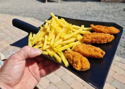 Kids hot food served at Mellowes Adventure centre Meath and Westmeath Ireland - Chips and Nuggets on a shovel